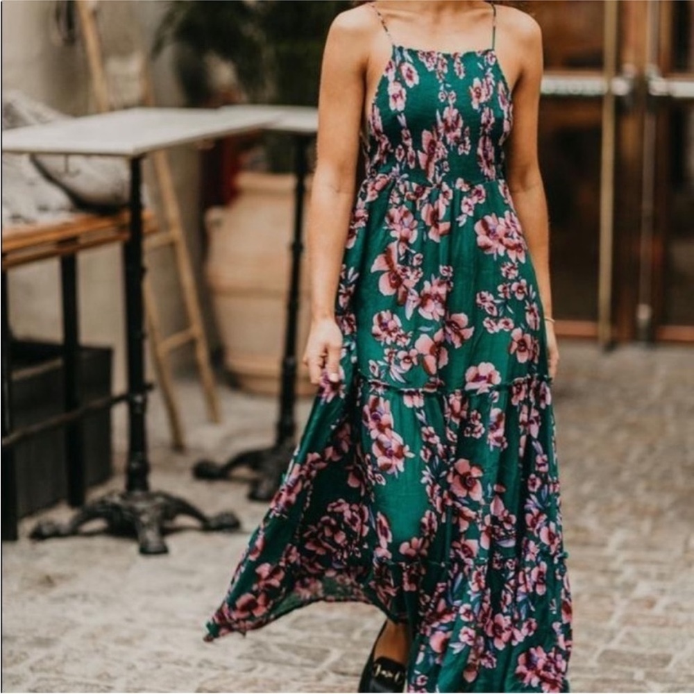Free People Garden Party Green/Pink Floral Smocked Tiered Maxi Boho Sun Dress XS